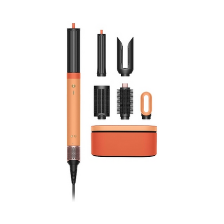 An orange and black hair styling tool set with multiple attachments and a matching orange charging case, displayed on a clean white background.