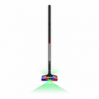 A cordless stick vacuum cleaner with a long black and silver handle, featuring a colorful multi-surface head and a glowing green laser beam projecting downward on a white background.