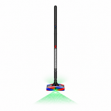 A cordless stick vacuum cleaner with a long black and silver handle, featuring a colorful multi-surface head and a glowing green laser beam projecting downward on a white background.