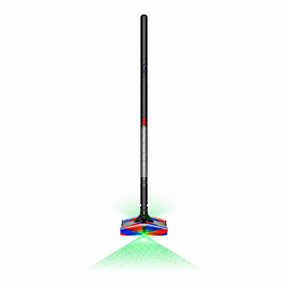 A cordless stick vacuum cleaner with a long black and silver handle, featuring a colorful multi-surface head and a glowing green laser beam projecting downward on a white background.
