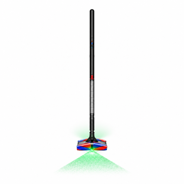 A cordless stick vacuum cleaner with a long black and silver handle, featuring a colorful multi-surface head and a glowing green laser beam projecting downward on a white background.
