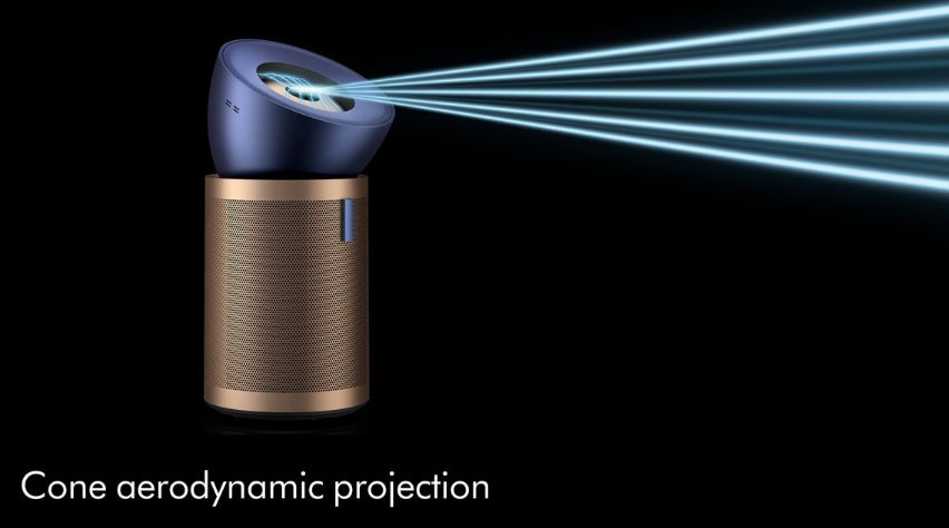 A cylindrical projector device with a metallic gold body and a dark blue dome-shaped projection head, shown projecting bright blue light beams on a black background. Text at the bottom reads 'Cone aerodynamic projection'.