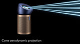 A cylindrical projector device with a metallic gold body and a dark blue dome-shaped projection head, shown projecting bright blue light beams on a black background. Text at the bottom reads 'Cone aerodynamic projection'.