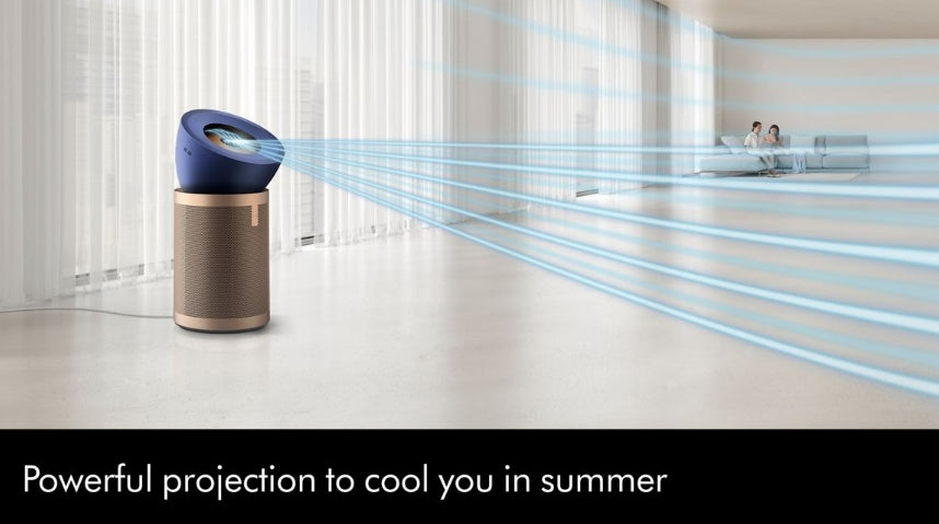 Air cooler emitting blue rays in a modern room with curtains.