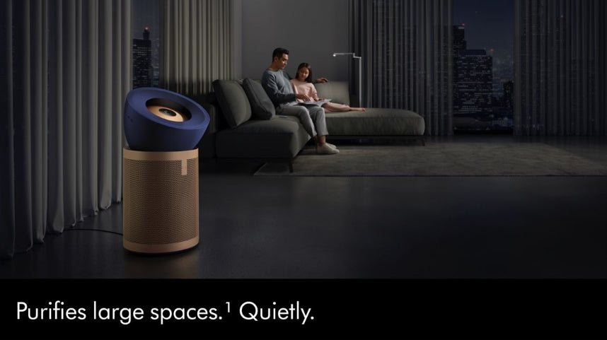 Air purifier in a modern living room with a couple on a couch.