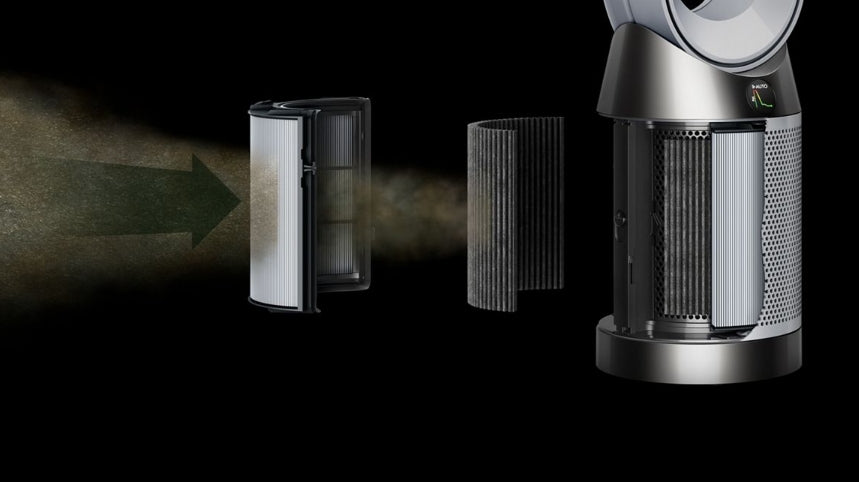 A Dyson-style cordless air cleaner shown on a black background with its filter components separated and a smoke arrow graphic indicating airflow. The product is metallic silver and black.