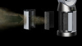 A Dyson-style cordless air cleaner shown on a black background with its filter components separated and a smoke arrow graphic indicating airflow. The product is metallic silver and black.