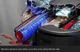 Close-up of a robotic vacuum cleaner with a cutaway view showing internal cleaning components, including a blue wet roller and exposed floor area, on a dark gray background with a text overlay at the bottom.