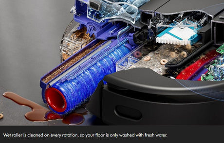 Close-up of a robotic vacuum cleaner with a cutaway view showing internal cleaning components, including a blue wet roller and exposed floor area, on a dark gray background with a text overlay at the bottom.