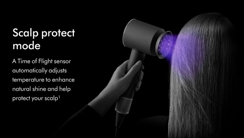 A hand holds a hair dryer against a person's scalp, with text reading 'Scalp protect mode' and a purple glow indicating heat protection. The background is black and the hair and hand are in grayscale.