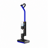 A cordless stick vacuum cleaner with a blue and black design, featuring a transparent dust bin, shown on a solid white background.