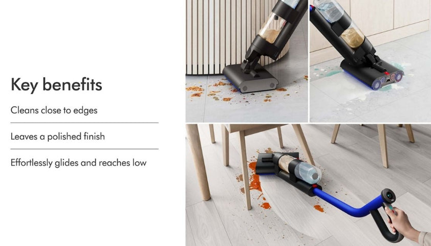 A promotional collage for a cordless stick vacuum cleaner. The left side features text reading 'Key benefits' with bullet points about cleaning close to edges, leaving a polished finish, and reaching low areas.