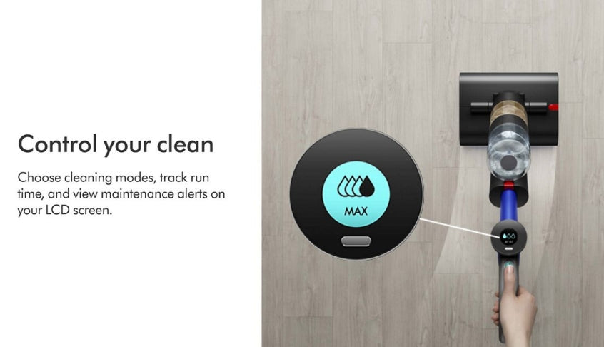 A hand holds a cordless vacuum cleaner against a wall while a separate round touchscreen controller displays a blue MAX icon. Text on the left reads 'Control your clean' with descriptive copy about cleaning modes, run time, and maintenance alerts on an LCD screen.