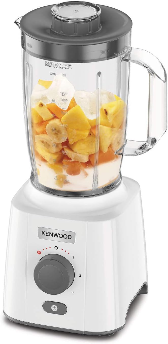 Kenwood blender with fruit inside on a white background