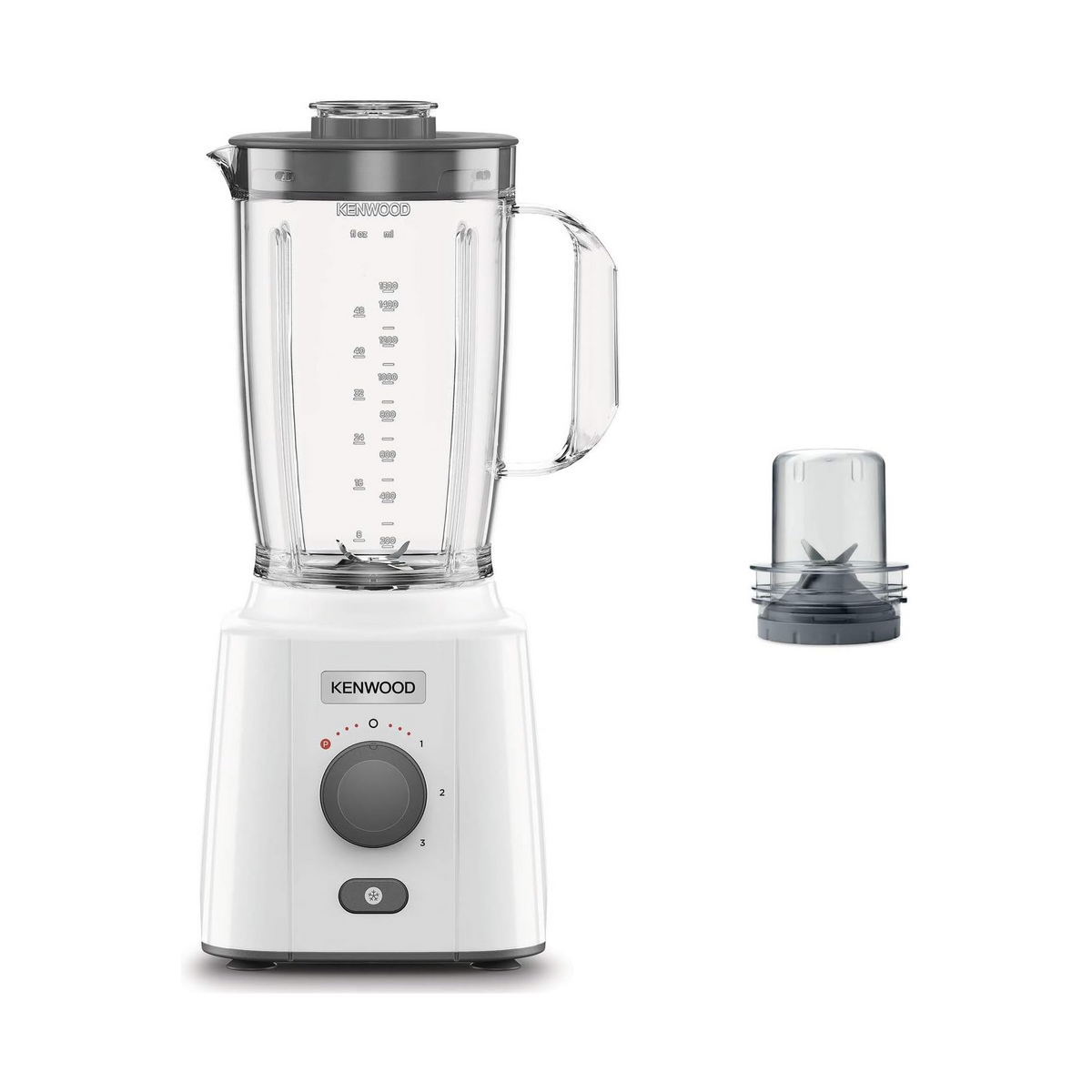 A Kenwood blender with a white base, clear pitcher, and dark gray lid, shown alongside a small clear blending cup accessory on a plain white background.