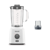 A Kenwood blender with a white base, clear pitcher, and dark gray lid, shown alongside a small clear blending cup accessory on a plain white background.