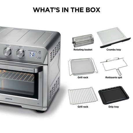 Taghareed Kenwood 25L 1700W stainless steel 2-in-1 air fryer oven with digital display and 15 cooking programs.