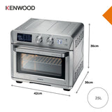 Taghareed Kenwood 25L 1700W stainless steel 2-in-1 air fryer oven with digital display and 15 cooking programs.