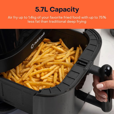 Air fryer with french fries inside, labeled '5.7L Capacity' and 'Nutricook'.