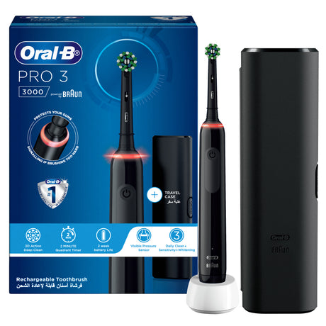 Taghareed Oral-B Pro 3 rechargeable electric toothbrush in black with smart pressure sensor and travel case.