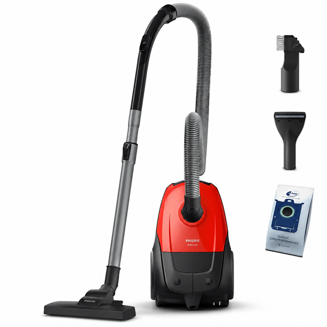 Taghareed Philips 2000 Series bagged vacuum cleaner in red and black with HEPA filter and multi-purpose nozzle.