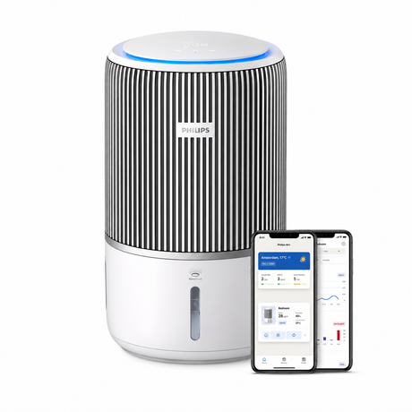 Philips PureProtect Water 3400 Series air purifier and humidifier with black and white striped body and smart app control.