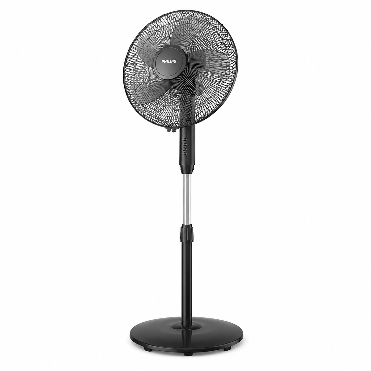 Taghareed Philips Series 600 pedestal fan with 3 speeds, oscillation, and adjustable height in black.