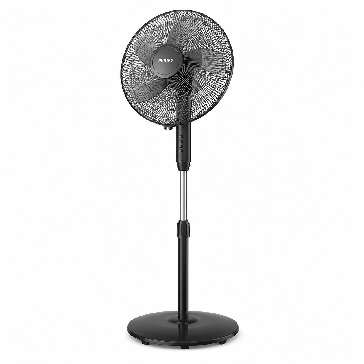 Taghareed Philips Series 600 pedestal fan with 3 speeds, oscillation, and adjustable height in black.