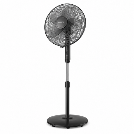 Taghareed Philips Series 600 pedestal fan with 3 speeds, oscillation, and adjustable height in black.