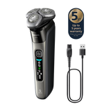 Philips shaver with charging cable and 5-year warranty badge on a white background