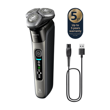 Philips shaver with charging cable and 5-year warranty badge on a white background