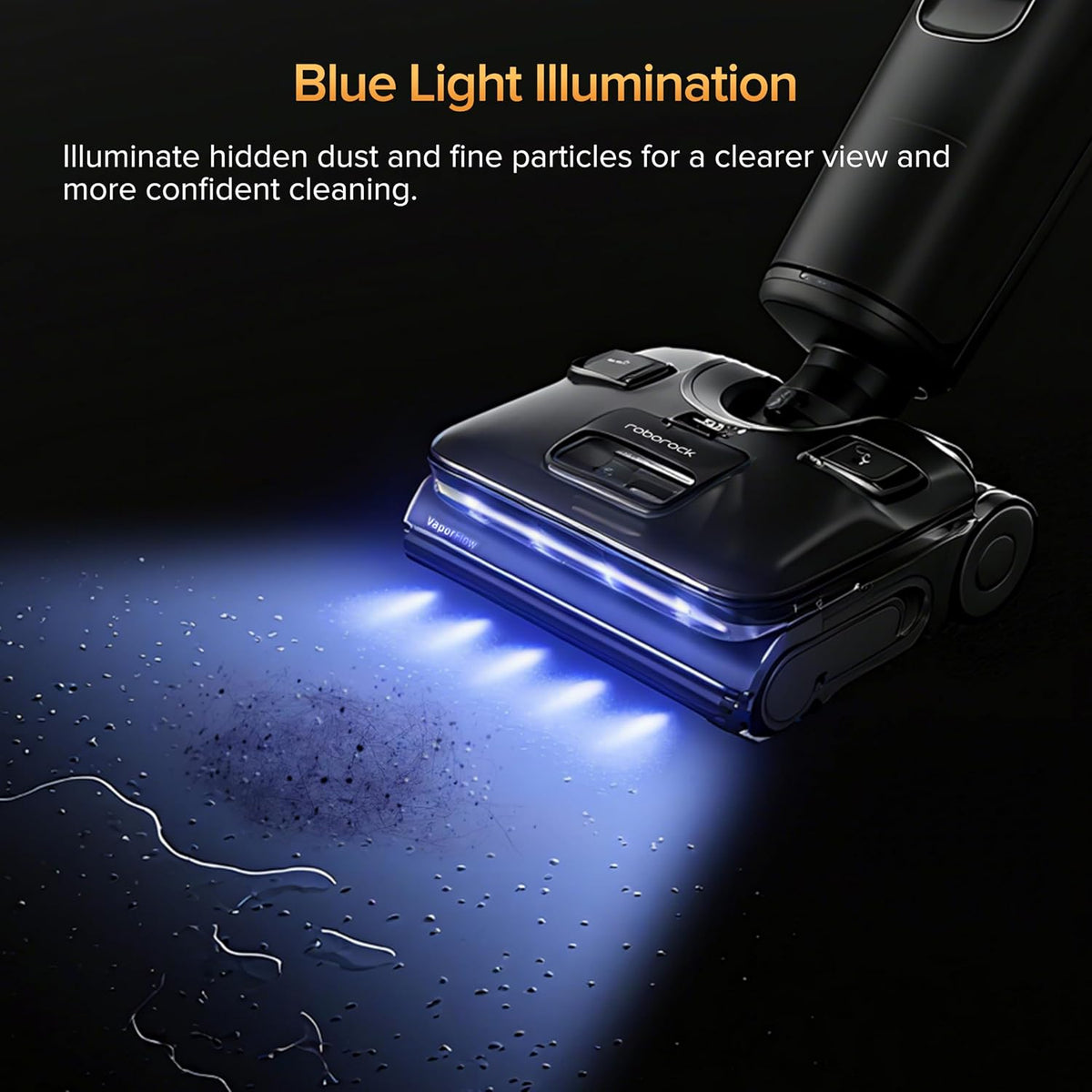 Vacuum cleaner with blue light illumination on a dark background