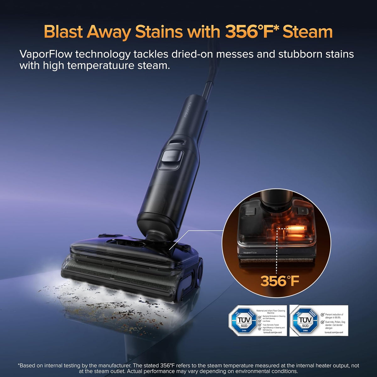 Steam cleaner with text about 356°F steam and VaporFlow technology on a blue background