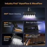 Promotional image of a vacuum cleaner with features highlighted on a dark background