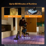Vacuum cleaner with text about battery life and area coverage in a home setting.