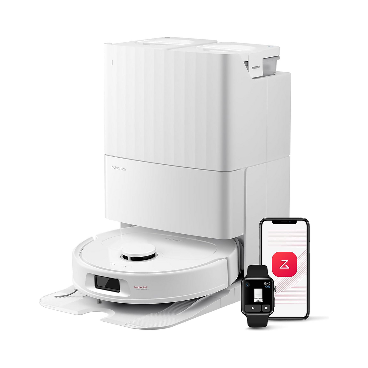 A white robotic vacuum cleaner with its matching charging dock, shown alongside a smartphone app screen and a black smartwatch on a clean white background.