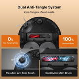 Robotic vacuum cleaner with dual anti-tangle system on a beige background