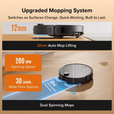 Robotic mop with features highlighted on a wooden floor background