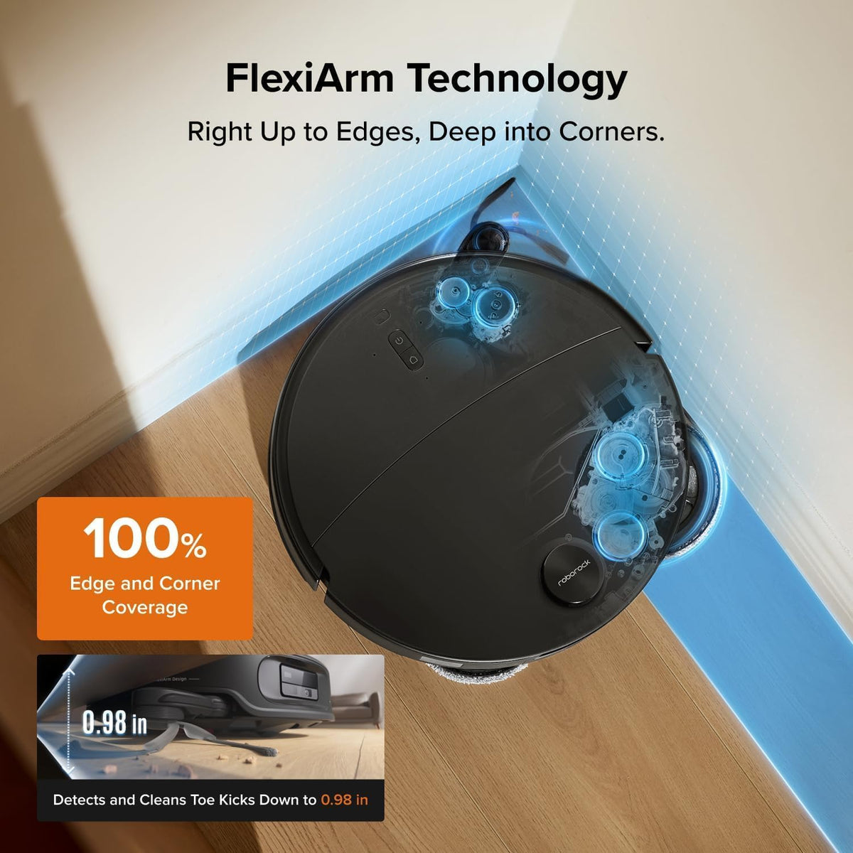 Robotic vacuum cleaner with FlexiArm Technology cleaning a corner on a wooden floor.