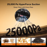 Cleaning device with text and images of dirt being removed, featuring 25,000 Pa hyperforce-saugkraft.