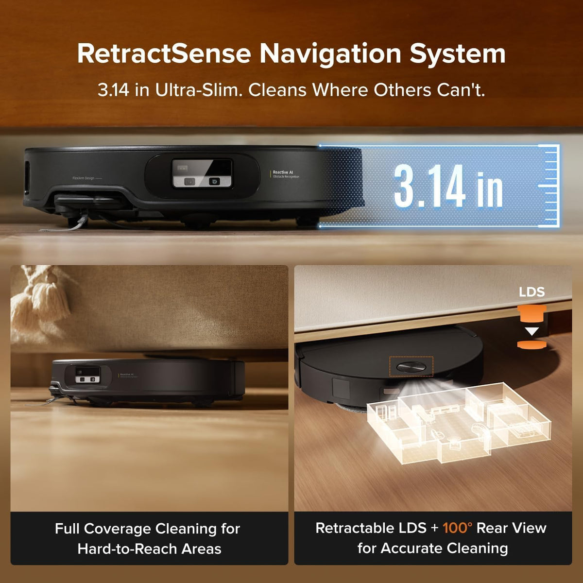 Robotic vacuum cleaner with RetractSense Navigation System on a wooden surface.