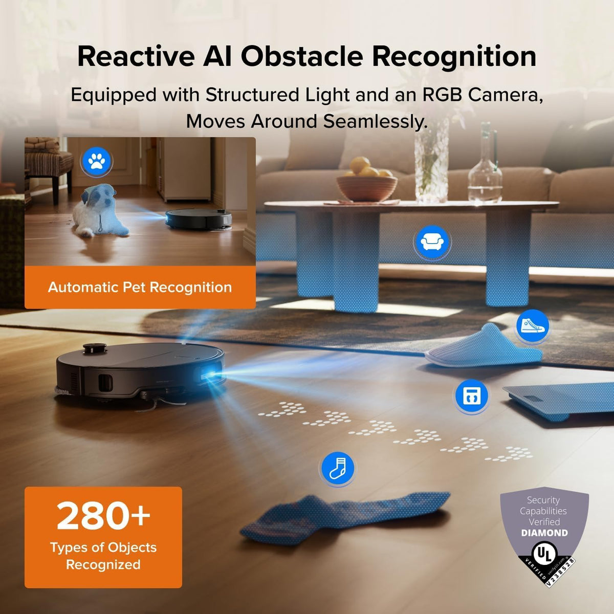 Robotic vacuum cleaner in a living room with text about AI obstacle recognition and features.