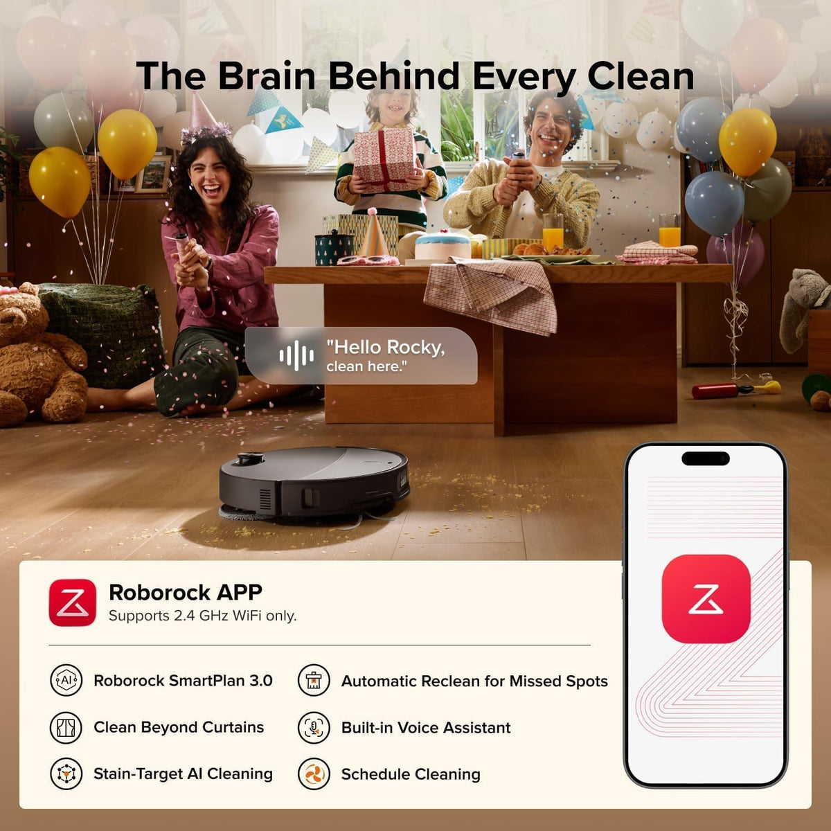 Roborock robot vacuum cleaning a room with people celebrating in the background, featuring the Roborock app on a smartphone.