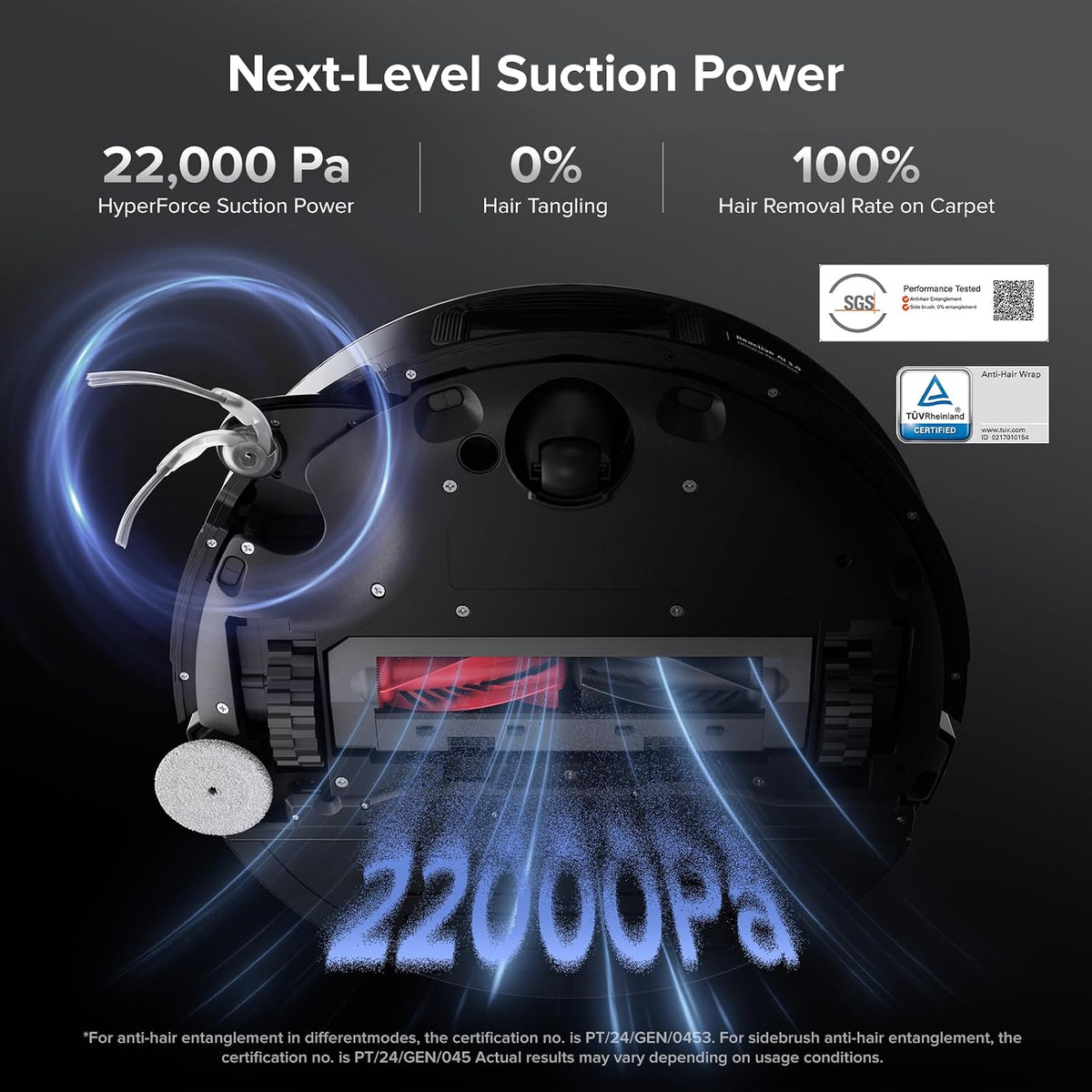 Robotic vacuum cleaner with suction power features on a dark background