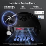 Robotic vacuum cleaner with suction power features on a dark background