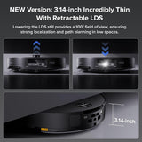 Robot vacuum cleaner with retractable LDS sensor on a dark background