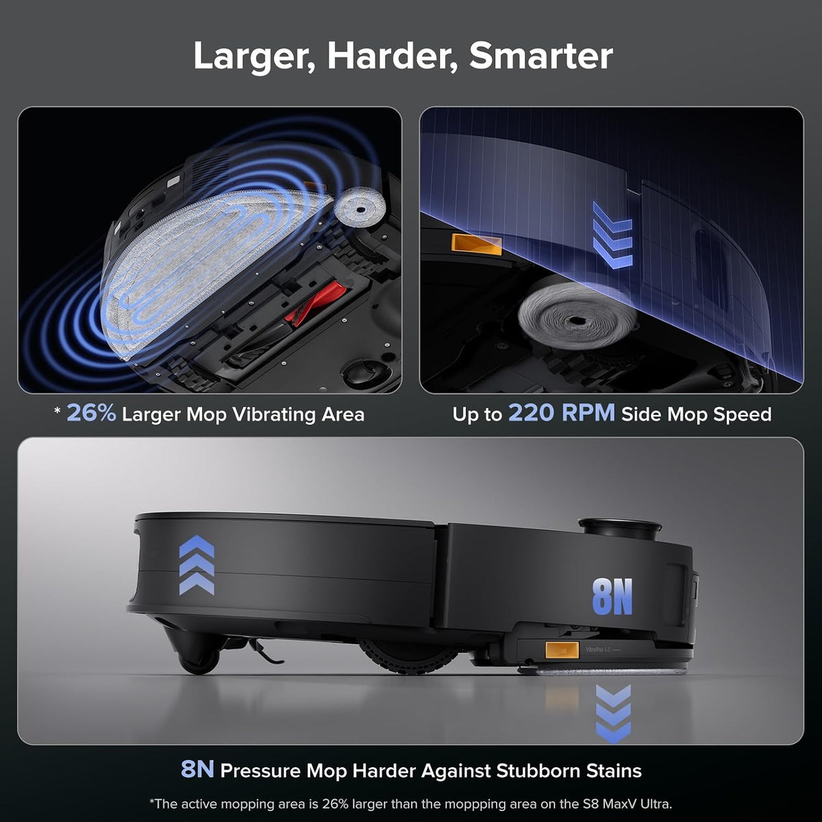 Robotic pressure mop with features highlighted on a dark background