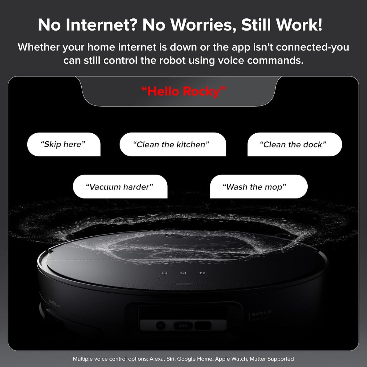 Promotional graphic for a robotic vacuum cleaner showing a black robot on a dark background with text stating 'No Internet? No Worries, Still Work!' and example voice commands like 'Hello Rocky,' 'Skip here,' 'Clean the kitchen,' and 'Vacuum harder.'.