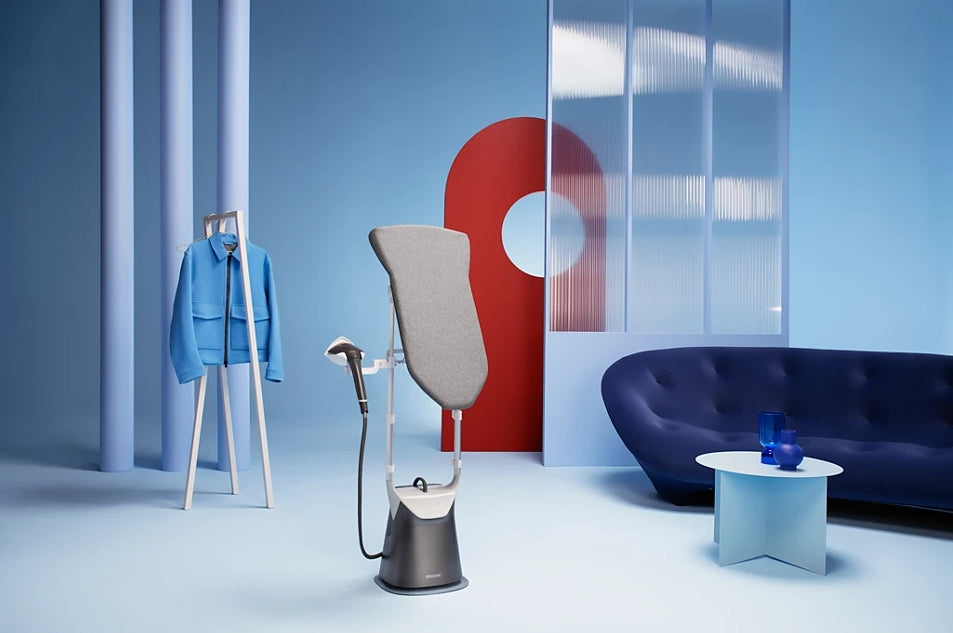 Philips All-in-One 8000 Series Ironing System GC628/86 with sleek design, display panel, and steam generator unit.