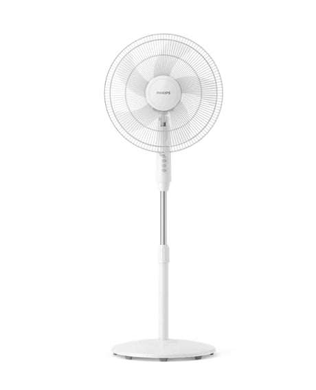 Philips Series 600 pedestal fan in a room, featuring adjustable height and a modern design for efficient airflow.